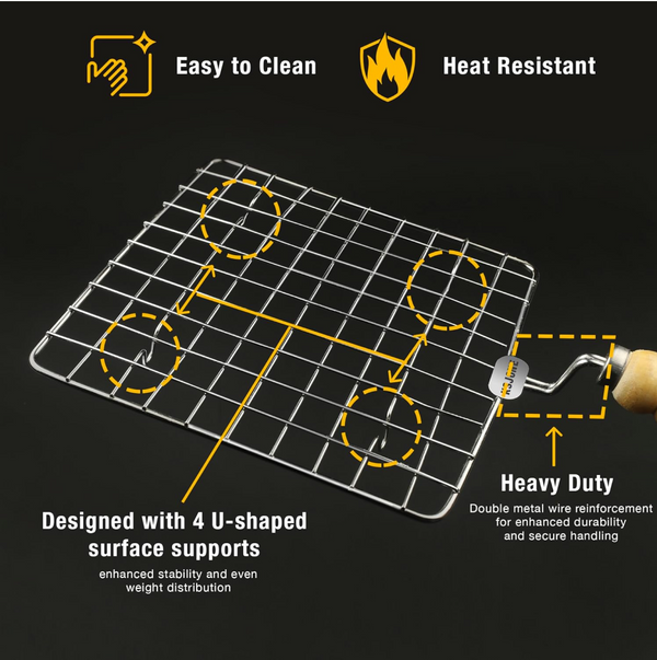 Kitchen Square Stainless Steel Roaster Jali, Barbecue Grill with Wooden Handle